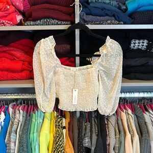 O. Vianca cream smocked 3/4 puff sleeve crop top size S NWT